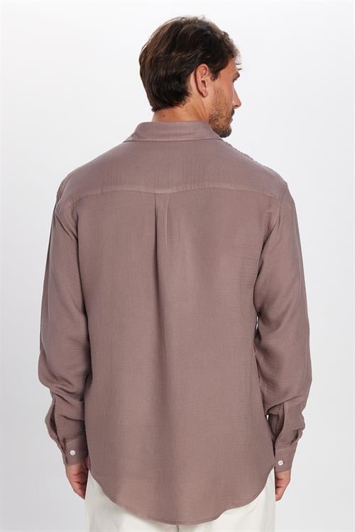 Erkek Relax Fit Rahat Kesim Oversize Müslin Viskon Pamuklu Tek Cepli Düz Mürdüm Gömlek