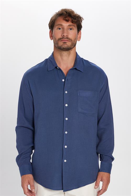 Erkek Relax Fit Rahat Kesim Oversize Müslin Viskon Pamuklu Tek Cepli Düz İndigo Gömlek