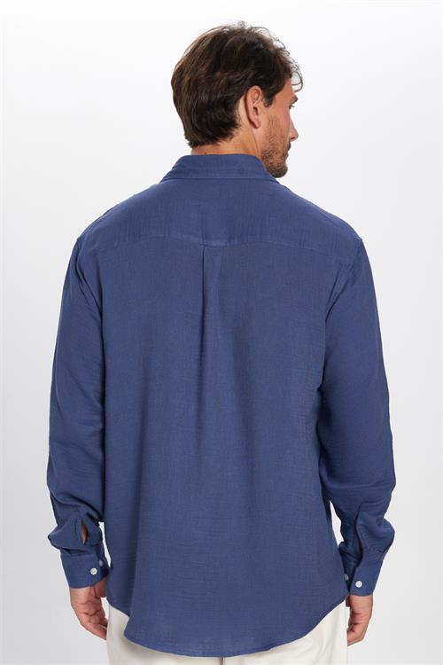Erkek Relax Fit Rahat Kesim Oversize Müslin Viskon Pamuklu Tek Cepli Düz İndigo Gömlek