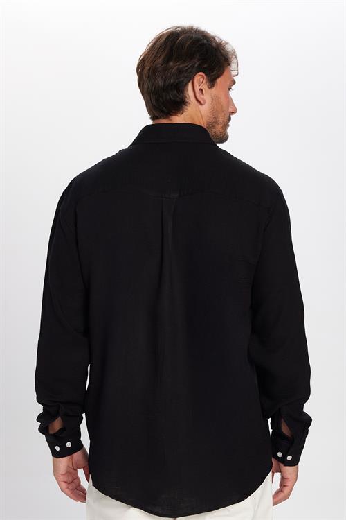 Erkek Relax Fit Rahat Kesim Oversize Müslin Viskon Pamuklu Tek Cepli Düz Siyah Gömlek