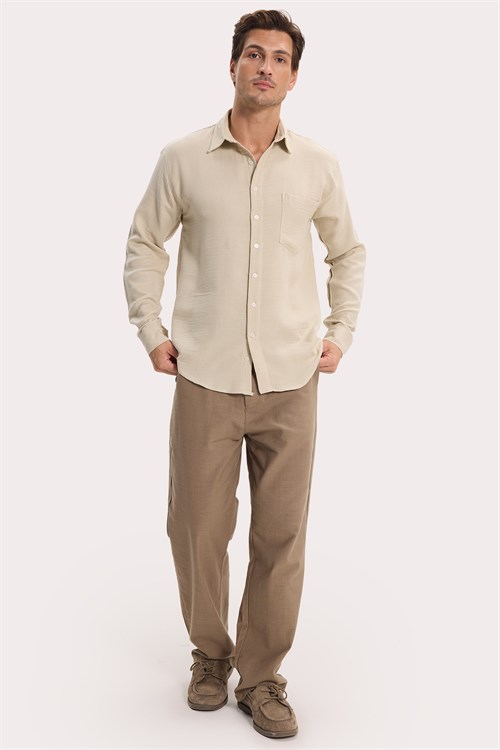 Erkek Relax Fit Rahat Kesim Oversize Müslin Viskon Pamuklu Tek Cepli Düz Bej Gömlek