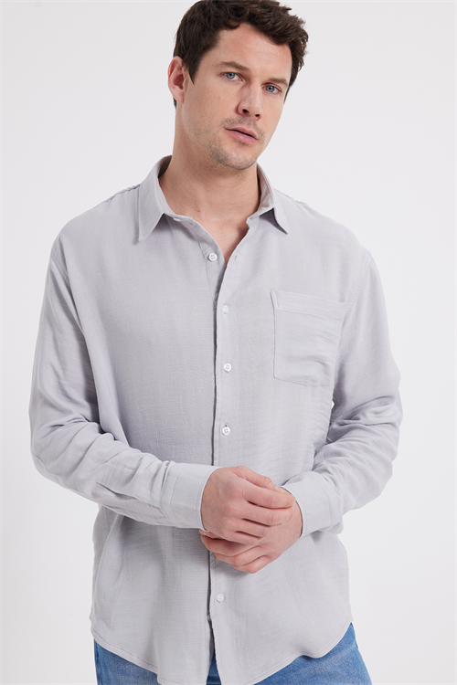 Erkek Relax Fit Rahat Kesim Oversize Müslin Viskon Pamuklu Tek Cepli Düz Gri Gömlek