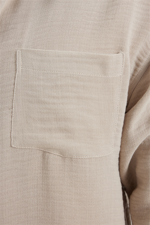 Erkek Relax Fit Rahat Kesim Oversize Müslin Viskon Pamuklu Tek Cepli Düz Bej Gömlek