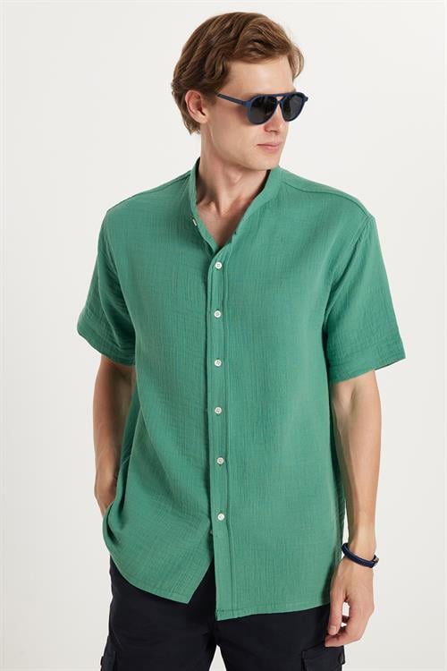 Erkek Relax Fit Rahat Kesim Oversize %100 Pamuk Müslin Kumaş Kısa Kollu Spor Hakim Yaka Yeşil Gömlek