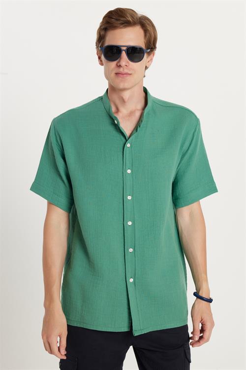 Erkek Relax Fit Rahat Kesim Oversize %100 Pamuk Müslin Kumaş Kısa Kollu Spor Hakim Yaka Yeşil Gömlek