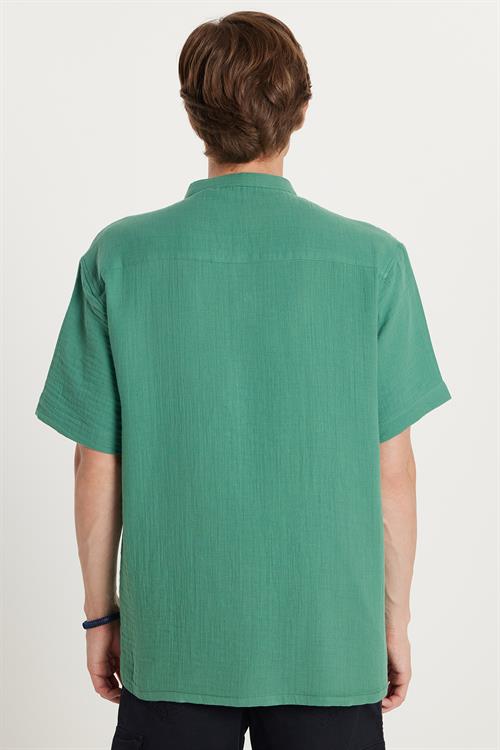 Erkek Relax Fit Rahat Kesim Oversize %100 Pamuk Müslin Kumaş Kısa Kollu Spor Hakim Yaka Yeşil Gömlek