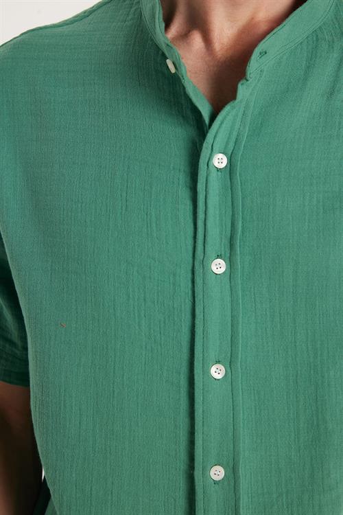 Erkek Relax Fit Rahat Kesim Oversize %100 Pamuk Müslin Kumaş Kısa Kollu Spor Hakim Yaka Yeşil Gömlek