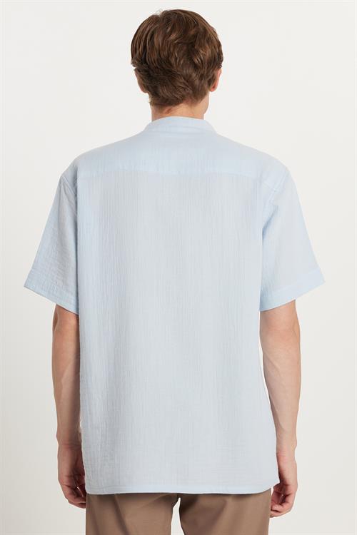 Erkek Relax Fit Rahat Kesim Oversize %100 Pamuk Müslin Kumaş Kısa Kollu Spor Hakim Yaka Mavi Gömlek