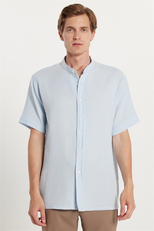 Erkek Relax Fit Rahat Kesim Oversize %100 Pamuk Müslin Kumaş Kısa Kollu Spor Hakim Yaka Mavi Gömlek