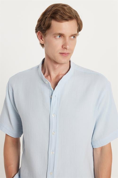 Erkek Relax Fit Rahat Kesim Oversize %100 Pamuk Müslin Kumaş Kısa Kollu Spor Hakim Yaka Mavi Gömlek