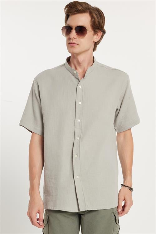 Erkek Relax Fit Rahat Kesim Oversize %100 Pamuk Müslin Kumaş Kısa Kollu Spor Hakim Yaka Gri Gömlek