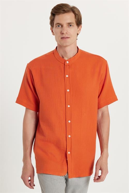 Erkek Relax Fit Rahat Kesim Oversize %100 Pamuk Müslin Kumaş Kısa Kollu Spor Hakim Yaka Taba Gömlek