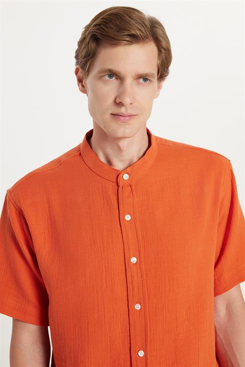 Erkek Relax Fit Rahat Kesim Oversize %100 Pamuk Müslin Kumaş Kısa Kollu Spor Hakim Yaka Taba Gömlek