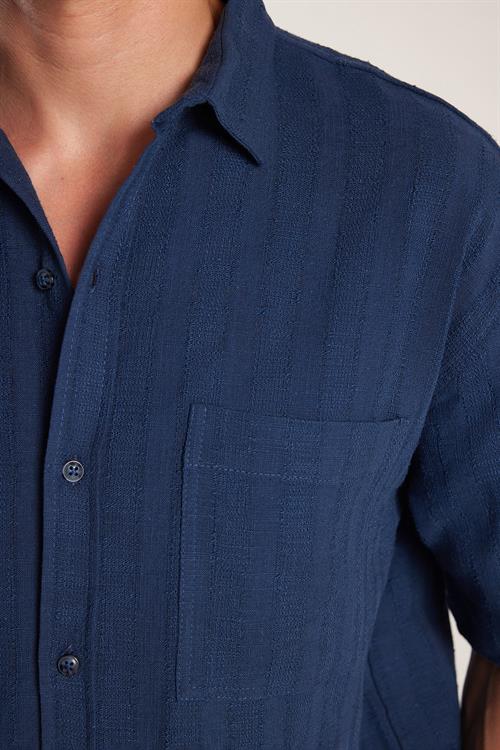 Erkek Relax Fit Rahat Kesim Oversize Premium Seri Pamuklu Keten Kısa Kollu Cepli İndigo Gömlek