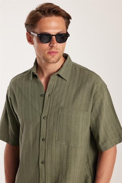 Erkek Relax Fit Rahat Kesim Oversize Premium Seri Pamuklu Keten Kısa Kollu Cepli Haki Gömlek