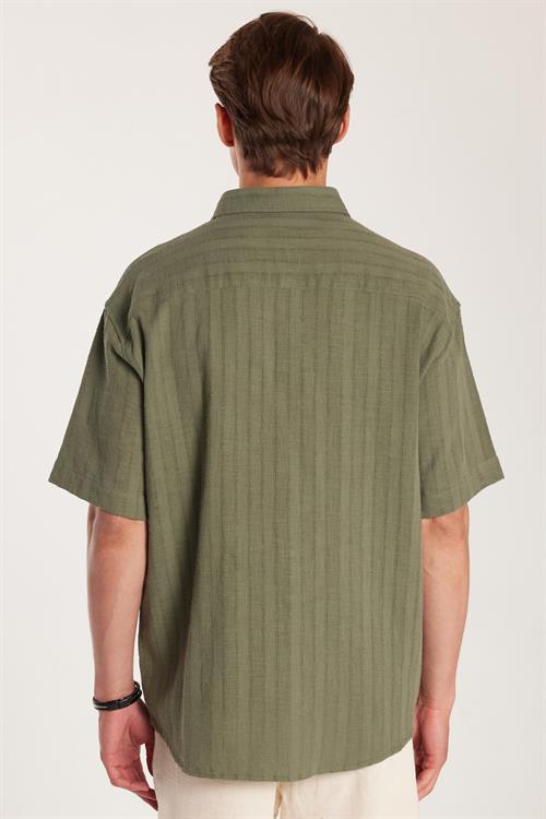 Erkek Relax Fit Rahat Kesim Oversize Premium Seri Pamuklu Keten Kısa Kollu Cepli Haki Gömlek