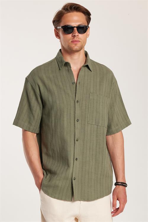Erkek Relax Fit Rahat Kesim Oversize Premium Seri Pamuklu Keten Kısa Kollu Cepli Haki Gömlek