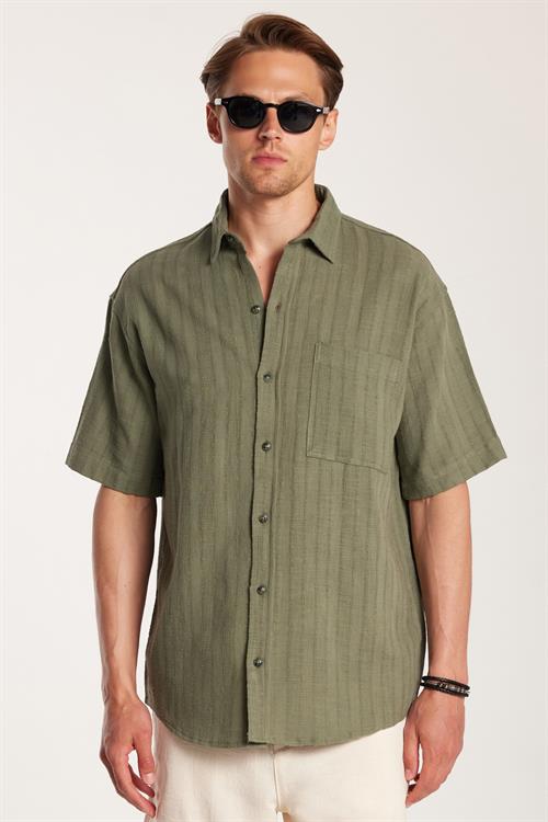 Erkek Relax Fit Rahat Kesim Oversize Premium Seri Pamuklu Keten Kısa Kollu Cepli Haki Gömlek
