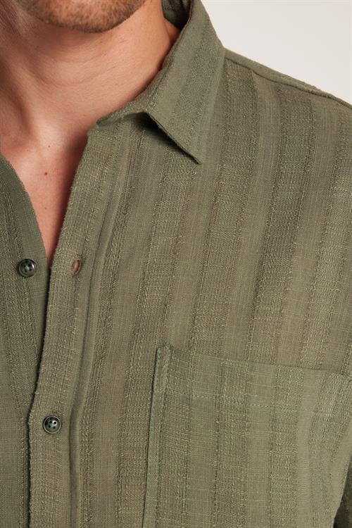 Erkek Relax Fit Rahat Kesim Oversize Premium Seri Pamuklu Keten Kısa Kollu Cepli Haki Gömlek