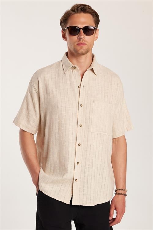 Erkek Relax Fit Rahat Kesim Oversize Premium Seri Pamuklu Keten Kısa Kollu Cepli Taş Gömlek
