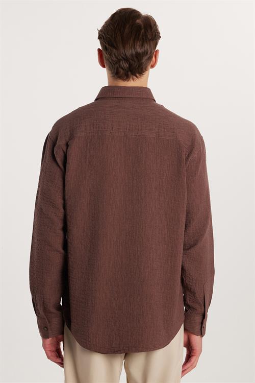 Erkek Relax Fit Rahat Kesim Oversize Pamuklu Keten Doku Tek Cepli Kahverengi Gömlek