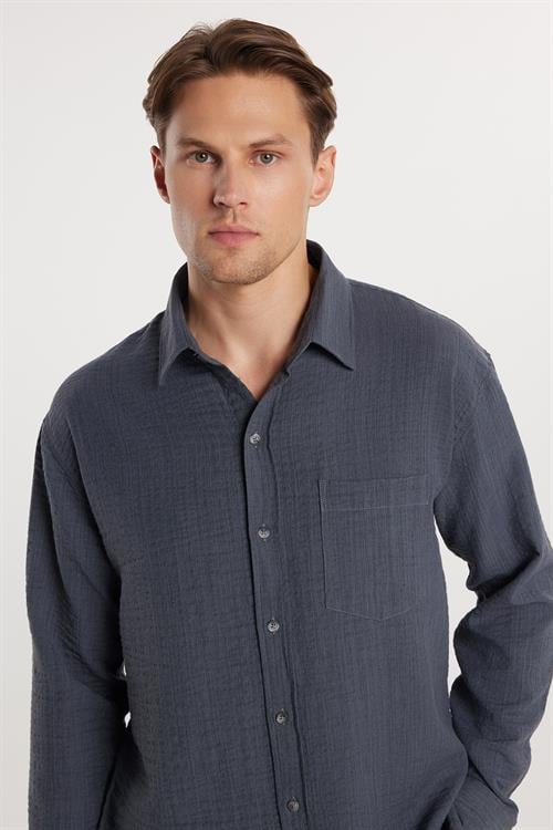 Erkek Relax Fit Rahat Kesim Oversize Pamuklu Keten Doku Tek Cepli Gri Gömlek