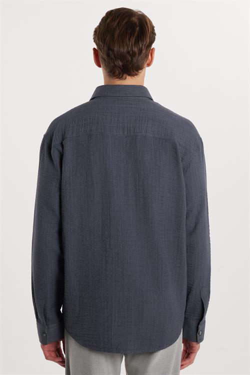Erkek Relax Fit Rahat Kesim Oversize Pamuklu Keten Doku Tek Cepli Gri Gömlek