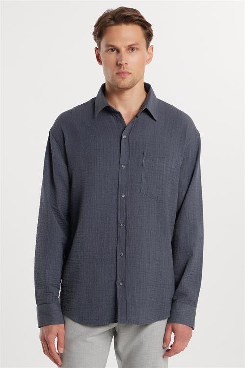 Erkek Relax Fit Rahat Kesim Oversize Pamuklu Keten Doku Tek Cepli Gri Gömlek