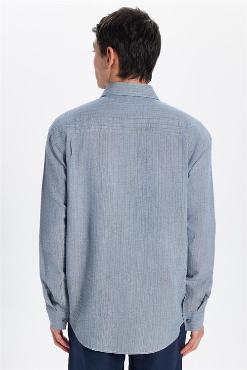 Erkek Relax Fit Rahat Kesim Oversize Pamuklu Keten Doku Tek Cepli Mavi Gömlek