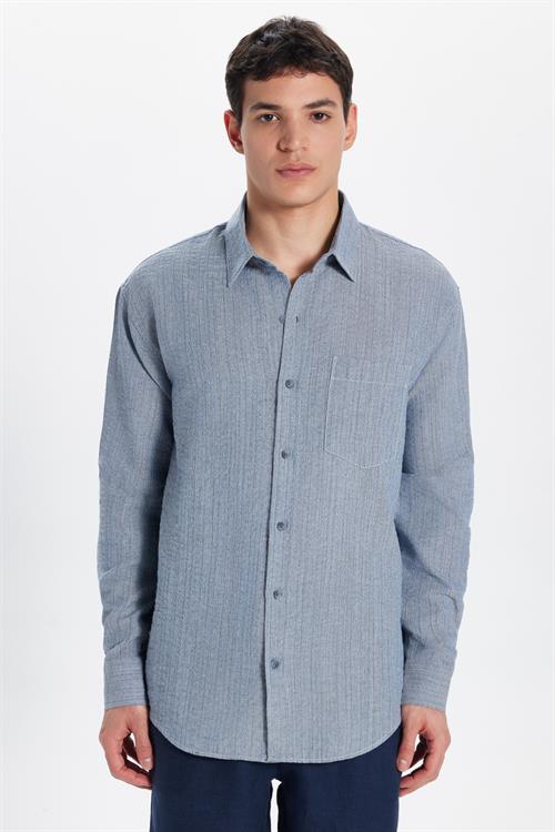 Erkek Relax Fit Rahat Kesim Oversize Pamuklu Keten Doku Tek Cepli Mavi Gömlek