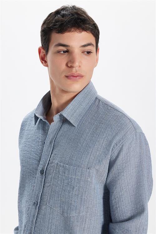 Erkek Relax Fit Rahat Kesim Oversize Pamuklu Keten Doku Tek Cepli Mavi Gömlek