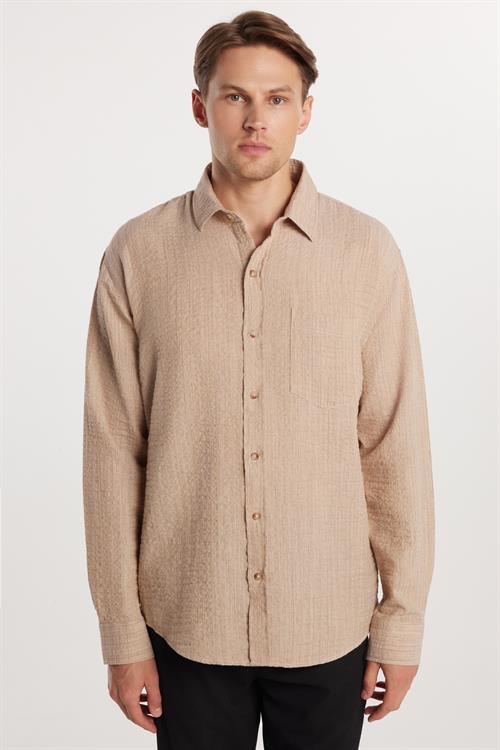 Erkek Relax Fit Rahat Kesim Oversize Pamuklu Keten Doku Tek Cepli Bej Gömlek
