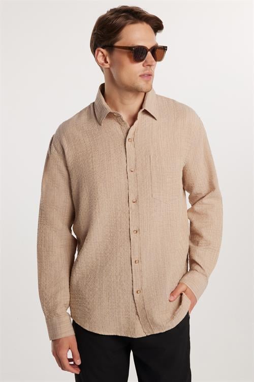 Erkek Relax Fit Rahat Kesim Oversize Pamuklu Keten Doku Tek Cepli Bej Gömlek