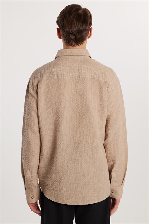 Erkek Relax Fit Rahat Kesim Oversize Pamuklu Keten Doku Tek Cepli Bej Gömlek