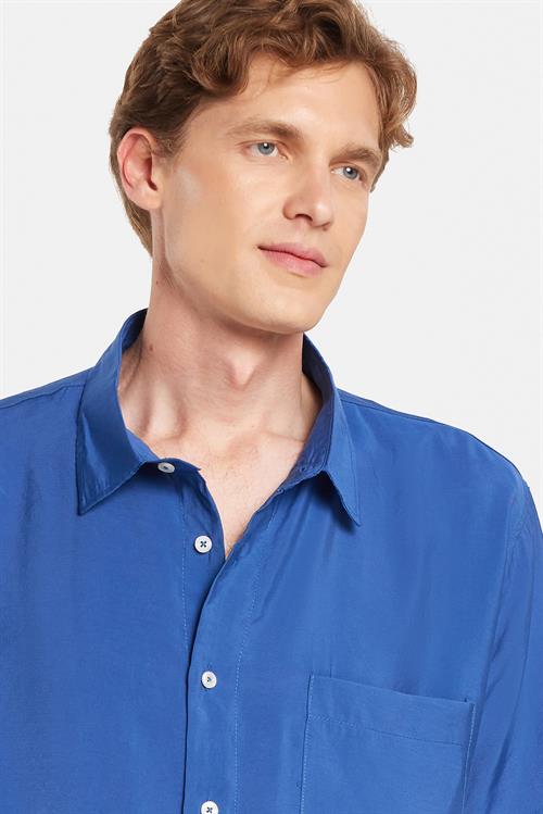 Erkek Relax Fit Rahat Kullanım Modal Kumaş Tek Cepli Kısa Kollu Saks Mavi Gömlek