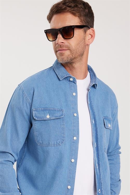 Erkek Relax Fit Rahat Kesim Spor Yaka Çift Cep Kapaklı Denim Açık Mavi Gömlek