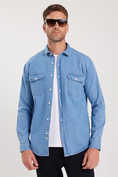 Erkek Relax Fit Rahat Kesim Spor Yaka Çift Cep Kapaklı Denim Açık Mavi Gömlek