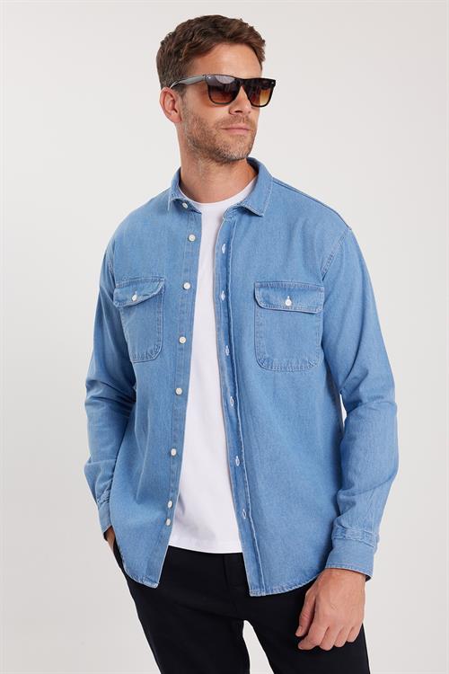 Erkek Relax Fit Rahat Kesim Spor Yaka Çift Cep Kapaklı Denim Açık Mavi Gömlek