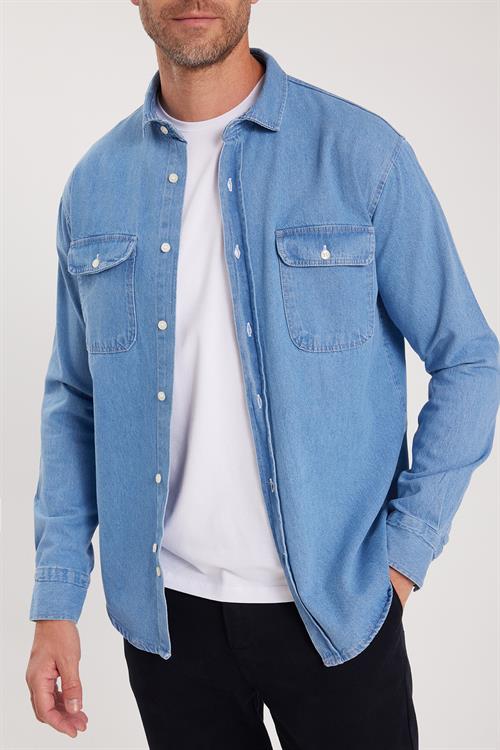 Erkek Relax Fit Rahat Kesim Spor Yaka Çift Cep Kapaklı Denim Açık Mavi Gömlek