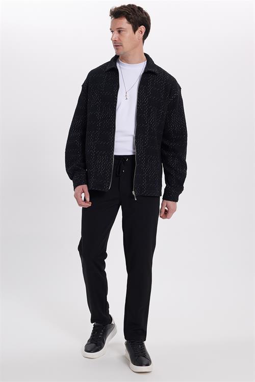 Erkek Relax Fit Rahat Kesim Fermuarlı Desenli Örme Siyah Ceket Gömlek
