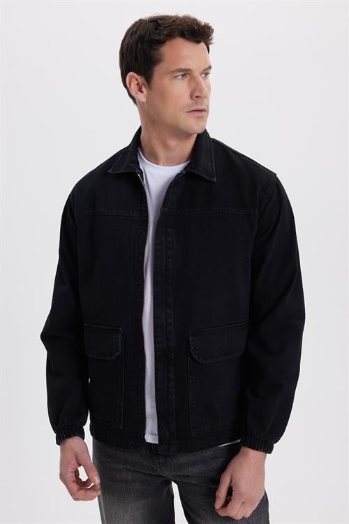 Erkek Relax Fit Rahat Kesim Çift Cep Denim Siyah Kot Mont Gömlek