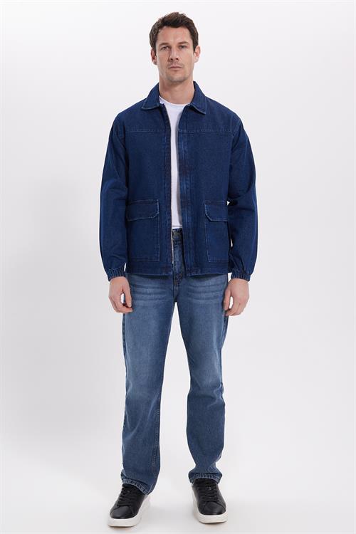 Erkek Relax Fit Rahat Kesim Çift Cep Denim Lacivert Kot Mont Gömlek