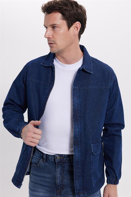 Erkek Relax Fit Rahat Kesim Çift Cep Denim Lacivert Kot Mont Gömlek