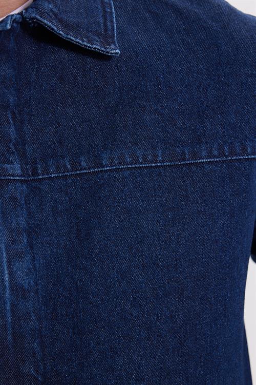 Erkek Relax Fit Rahat Kesim Çift Cep Denim Lacivert Kot Mont Gömlek