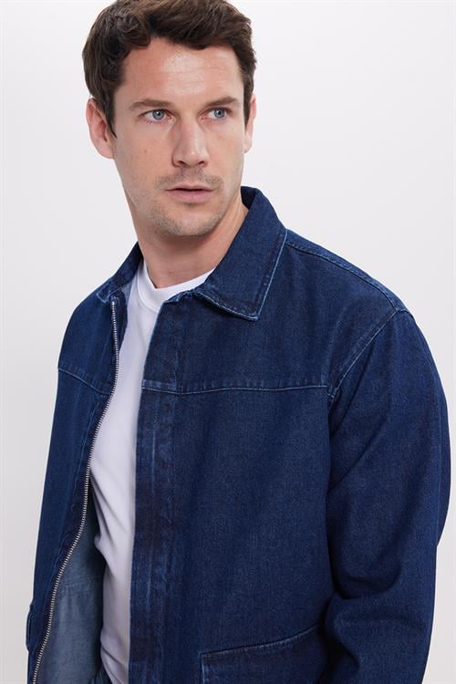 Erkek Relax Fit Rahat Kesim Çift Cep Denim Lacivert Kot Mont Gömlek
