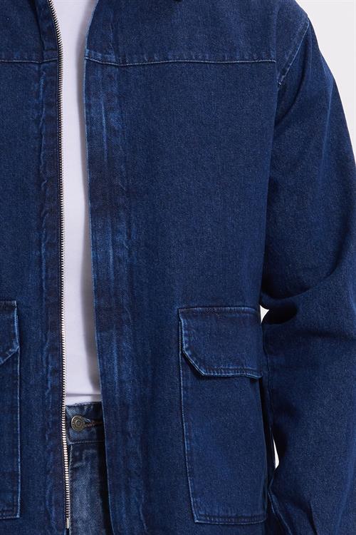 Erkek Relax Fit Rahat Kesim Çift Cep Denim Lacivert Kot Mont Gömlek