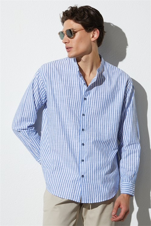 Erkek Relax Fit Rahat Kesim %100 Pamuk Çizgili Uzun Kollu Keten Efektli Hakim Yaka Saks Mavi Gömlek