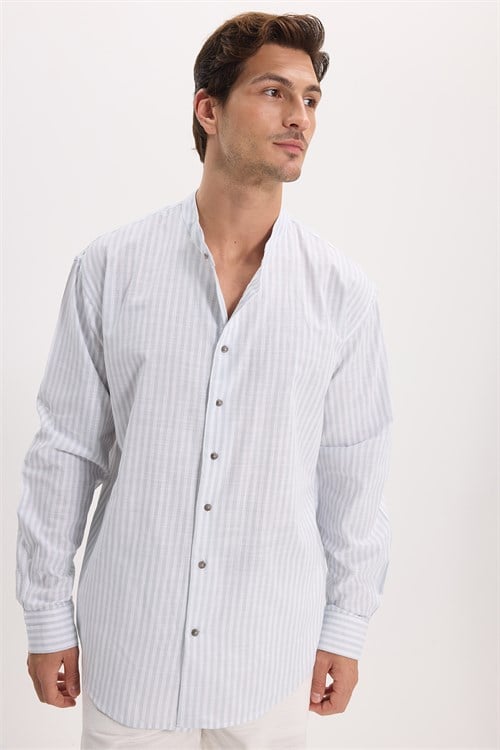 Erkek Relax Fit Rahat Kesim %100 Pamuk Çizgili Uzun Kollu Keten Efektli Hakim Yaka Gömlek