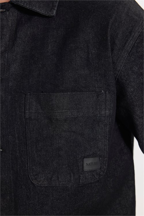 Erkek Relax Fit Rahat Kesim Pamuklu Denim 3 Cepli Siyah Gömlek Ceket