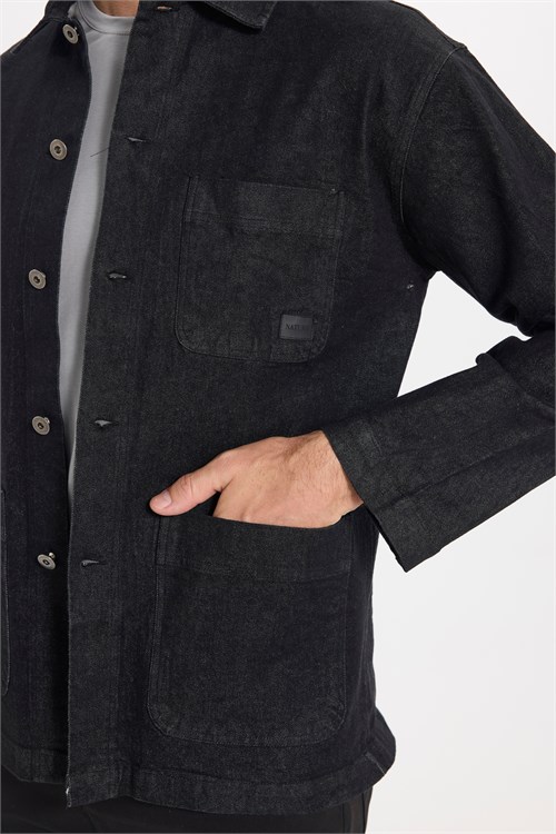Erkek Relax Fit Rahat Kesim Pamuklu Denim 3 Cepli Siyah Gömlek Ceket